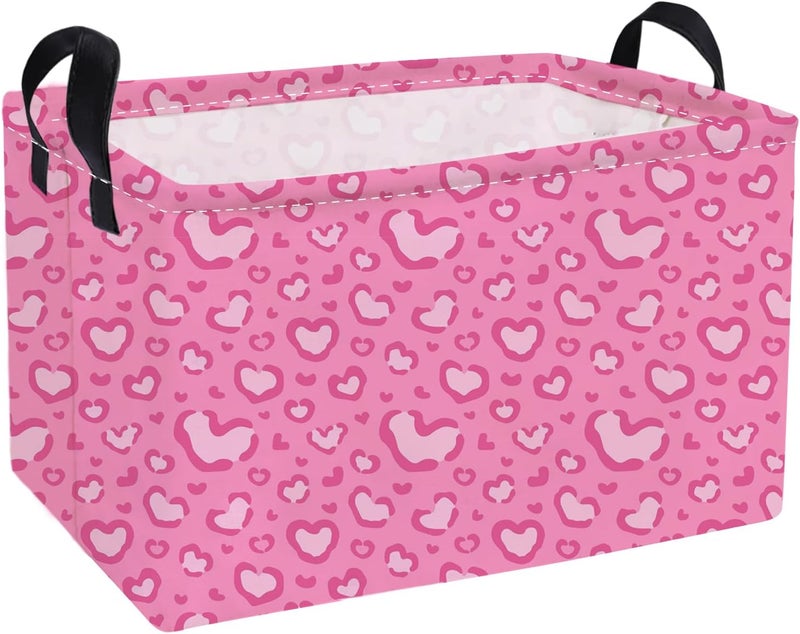 ESSME Rectangular Valentine's Day Basket,Pink Heart Storage Bins Organizer with Handles for Girls Room Decor, Gift Basket,Shelf Basket.(Leopard print heart) - Image 1